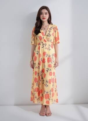 Rochie lungă mâneci scurte mâneci scurte galben RELISH femeie