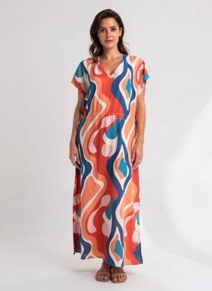 Rochie lungă țesătură poplin mâneci scurte roșu LA FEE MARABOUTEE femeie