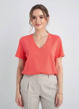 Tricou guler în v mâneci scurte roșu LEO & UGO femeie