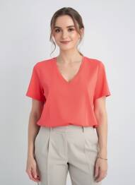 Tricou guler în v mâneci scurte roșu LEO & UGO femeie