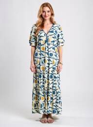Rochie lungă imprimeu fantezie mâneci scurte albastru MD'M femme