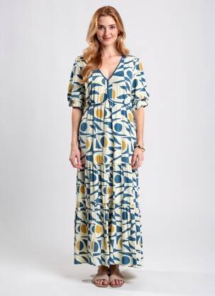 Rochie lungă imprimeu fantezie mâneci scurte albastru MD'M femme