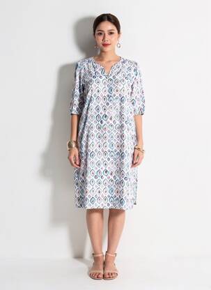 Rochie midi imprimeu fantezie mâneci scurte albastru SIGNE NATURE femeie
