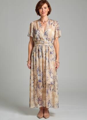 Rochie lungă imprimeu fantezie mâneci scurte bej BY ONE femeie