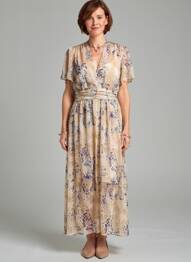 Rochie lungă imprimeu fantezie mâneci scurte bej BY ONE femme