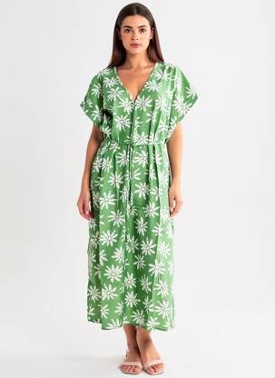 Rochie lungă imprimeu fantezie mâneci scurte verde EMI-JO femeie