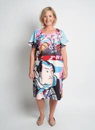 Rochie midi imprimeu fantezie mâneci scurte albastru HIPPOCAMPE femme