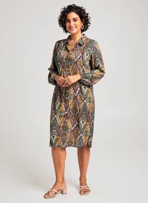 Rochie midi imprimeu fantezie mâneci lungi maro ZHENZI femeie