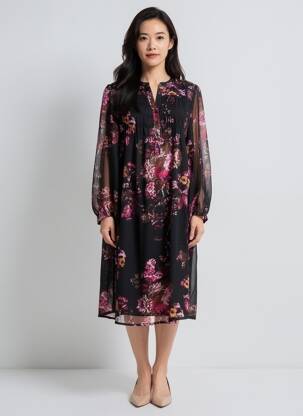Rochie midi imprimeu floral mâneci lungi negru ZHENZI femeie
