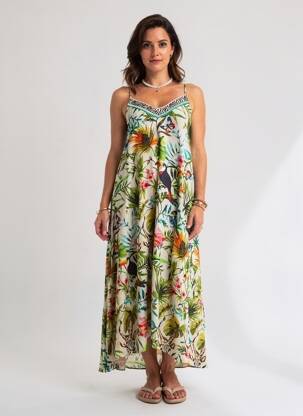 Rochie lungă imprimeu floral bretele subțiri verde LOLA CASADEMUNT femeie