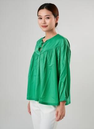 Bluză țesătură poplin mâneci lungi verde INDIES femeie