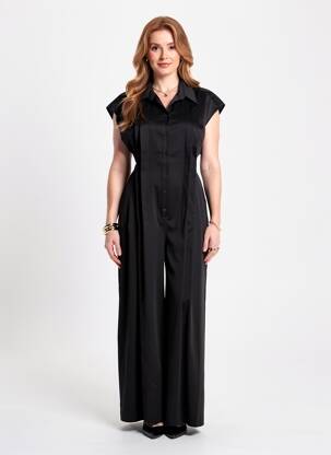 Salopetă-pantalon închidere cu nasturi pe față mâneci scurte negru HIGH femeie