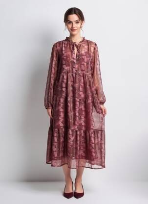 Rochie midi imprimeu fantezie mâneci lungi violet PURPLE QUEEN femeie