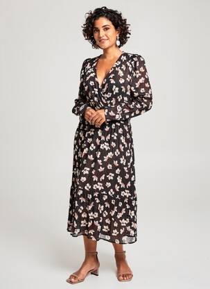Rochie midi imprimeu fantezie mâneci lungi negru ANGE femeie