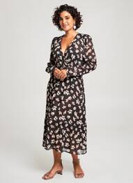 Rochie midi imprimeu fantezie mâneci lungi negru ANGE femme