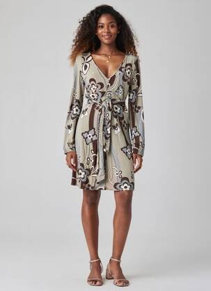 Rochie midi imprimeu fantezie mâneci lungi gri I.CODE (By IKKS) femeie