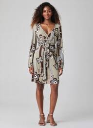 Rochie midi imprimeu fantezie mâneci lungi gri I.CODE (By IKKS) femme