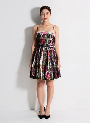 Rochie midi imprimeu fantezie bretele subțiri negru DERHY femeie