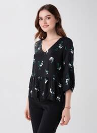 Bluză imprimeu floral mâneci 3/4 negru MINIMUM femme
