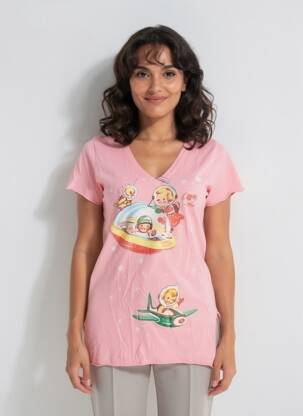 Tricou guler în v mâneci scurte roz MADE U LOOK femeie