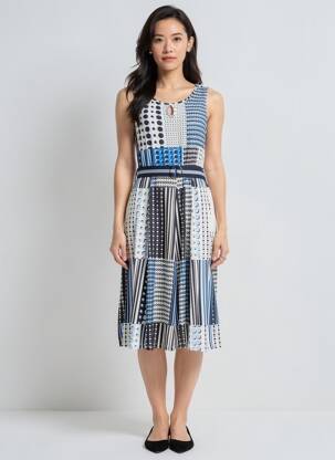 Rochie midi imprimeu fantezie fără mâneci albastru CONCEPT K femeie