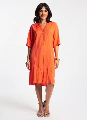 Rochie midi țesătură crep mâneci scurte portocalie CANAT femeie