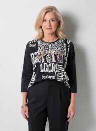Tricou imprimeu fantezie mâneci 3/4 negru FRANK WALDER femme