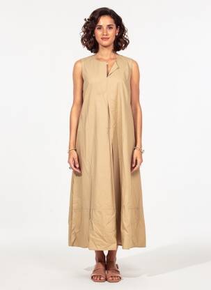 Rochie lungă croială evazată fără mâneci bej LAUREN VIDAL femeie