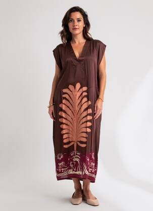 Rochie lungă imprimeu fantezie mâneci scurte maro LAUREN VIDAL femeie