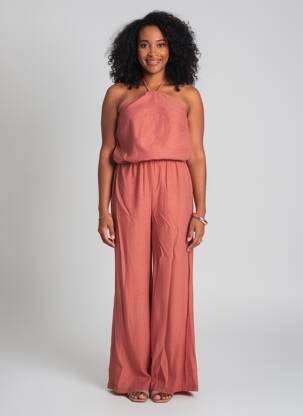 Salopetă-pantalon țesătură crep bretele subțiri portocalie LAUREN VIDAL femeie
