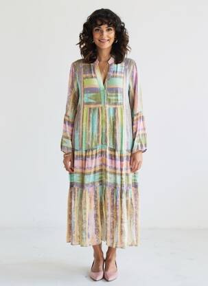 Rochie lungă imprimeu fantezie mâneci lungi bej LAST QUEEN femeie