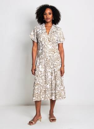 Rochie midi imprimeu fantezie mâneci scurte maro GOA femeie