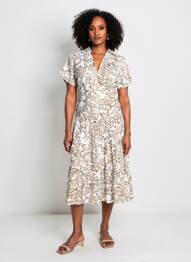 Rochie midi imprimeu fantezie mâneci scurte maro GOA femme