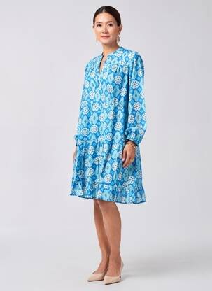 Rochie midi imprimeu fantezie mâneci lungi albastru GOA femeie