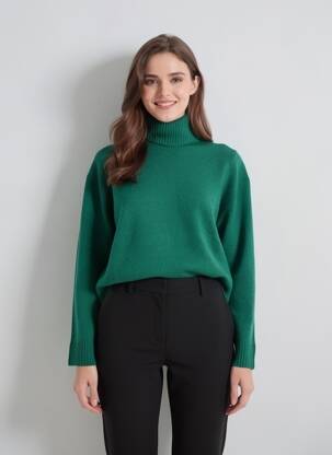 Pulover cu guler înalt croială cambrată mâneci lungi verde BELLA JONES femeie