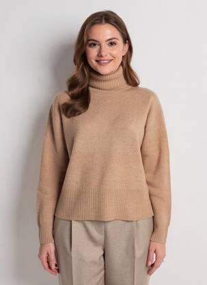 Pulover cu guler înalt croială cambrată mâneci lungi bej BELLA JONES femeie