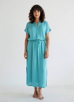 Rochie midi croială fluidă mâneci scurte albastru MAJESTIC FILATURES femeie