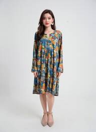 Rochie midi imprimeu floral mâneci lungi albastru ANTOINE & LILI femeie