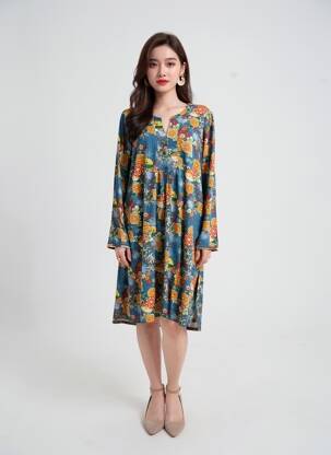Rochie midi imprimeu floral mâneci lungi albastru ANTOINE & LILI femeie
