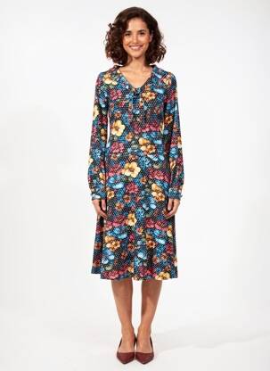 Rochie midi imprimeu fantezie mâneci lungi negru MARGOT femeie