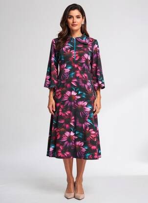 Rochie midi imprimeu fantezie mâneci lungi negru MARGOT femeie