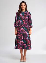Rochie midi imprimeu fantezie mâneci lungi negru MARGOT femme