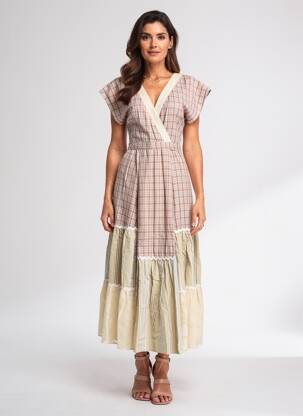 Rochie lungă țesătură poplin mâneci scurte bej RHUM RAISIN femeie