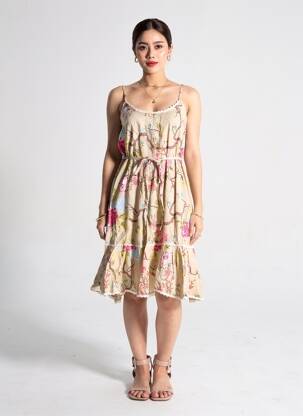 Rochie midi imprimeu fantezie bretele subțiri bej RHUM RAISIN femeie