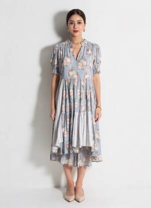 Rochie midi imprimeu floral mâneci scurte albastru RHUM RAISIN femeie