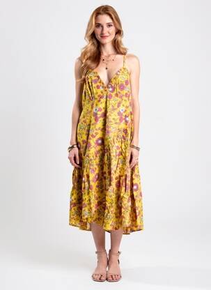 Rochie midi imprimeu fantezie bretele subțiri galben RHUM RAISIN femeie