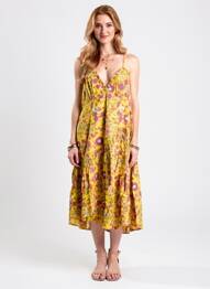 Rochie midi imprimeu fantezie bretele subțiri galben RHUM RAISIN femeie