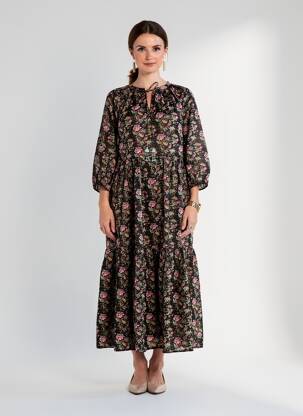 Rochie lungă imprimeu floral mâneci 3/4 maro RHUM RAISIN femeie