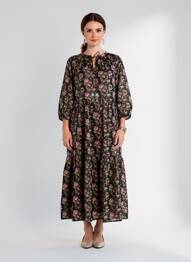 Rochie lungă țesătură poplin mâneci 3/4 maro RHUM RAISIN femeie