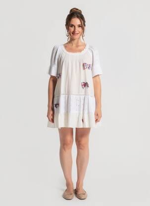 Rochie scurtă croială evazată mâneci scurte alb RHUM RAISIN femeie